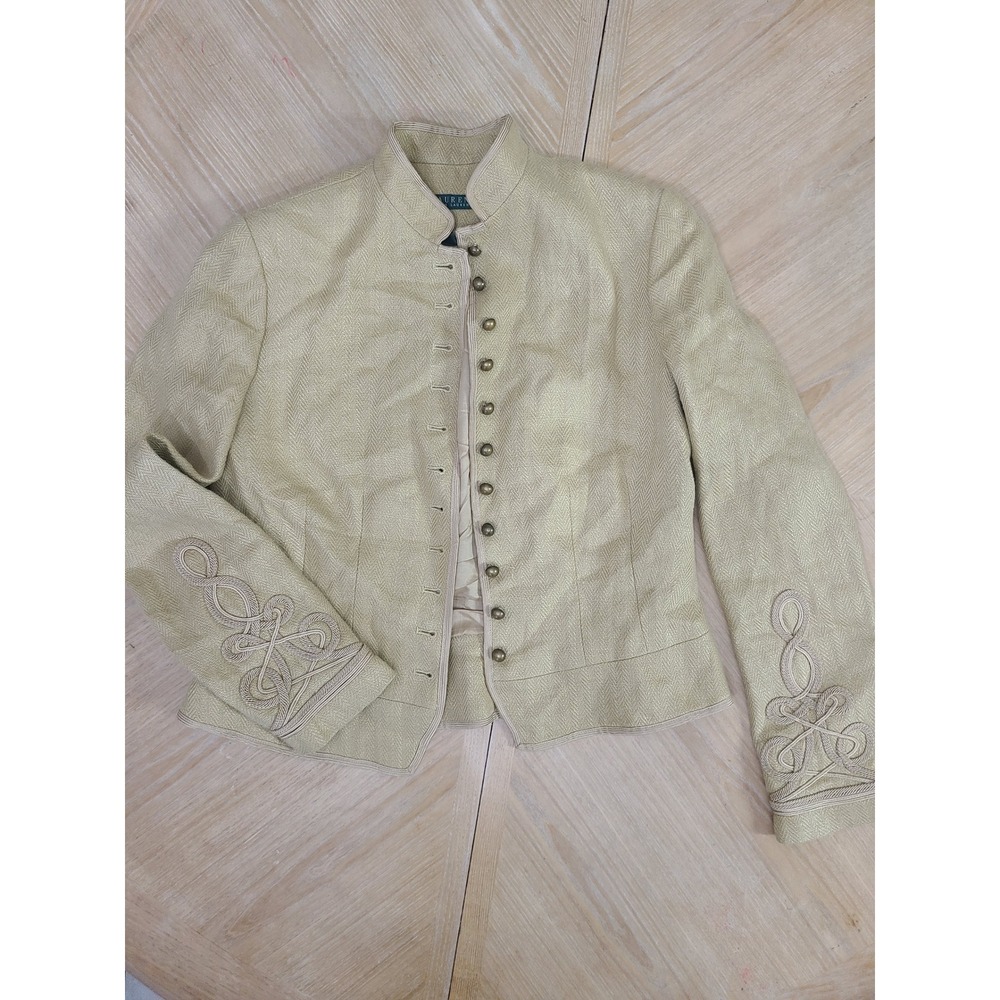 Lauren Ralph Lauren Military Jacket Women 4 Tan Linen Soutache Y2K